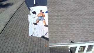 Drone caught naked male outdoors on roof jerking off nudist painting public