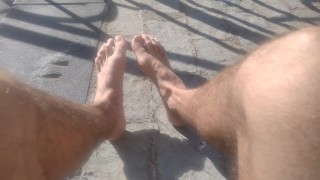 Only Feet👣Amateur Hairy Legs Marking Cock on a Public Beach